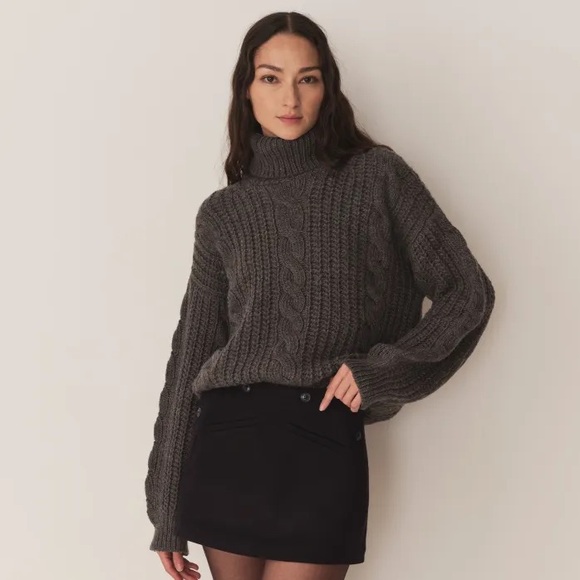 Doen Leighton Merino Wool Cable Knit Turtle Mock Neck Sweater Dark Grey - Picture 2 of 10